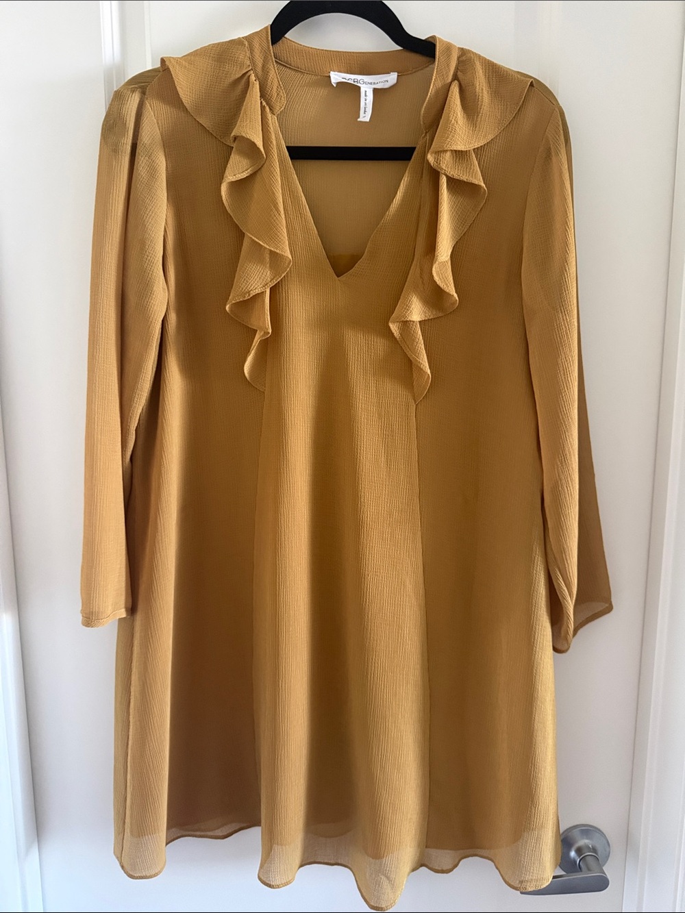 BCBGeneration Mustard Ruffle V-Neck Long Sleeve Dress